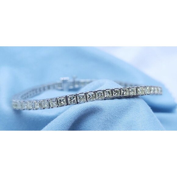 14K Solid White Gold Designer Princess Cut Diamond Tennis Link Bracelet 7.25" L - Picture 2 of 16